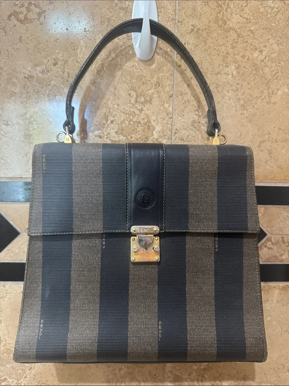Authentic vintage Fendi Black and Brown Striped Top-Handle Satchel